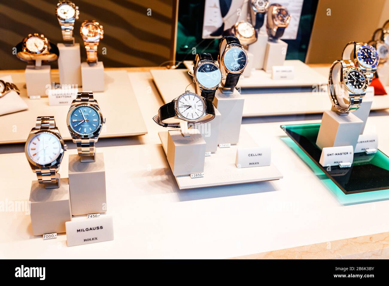 DRESDEN, GERMANY, MARCH 21, 2017: Luxury wrist watch from the company Rolex on the store counter with price tags Stock Photo