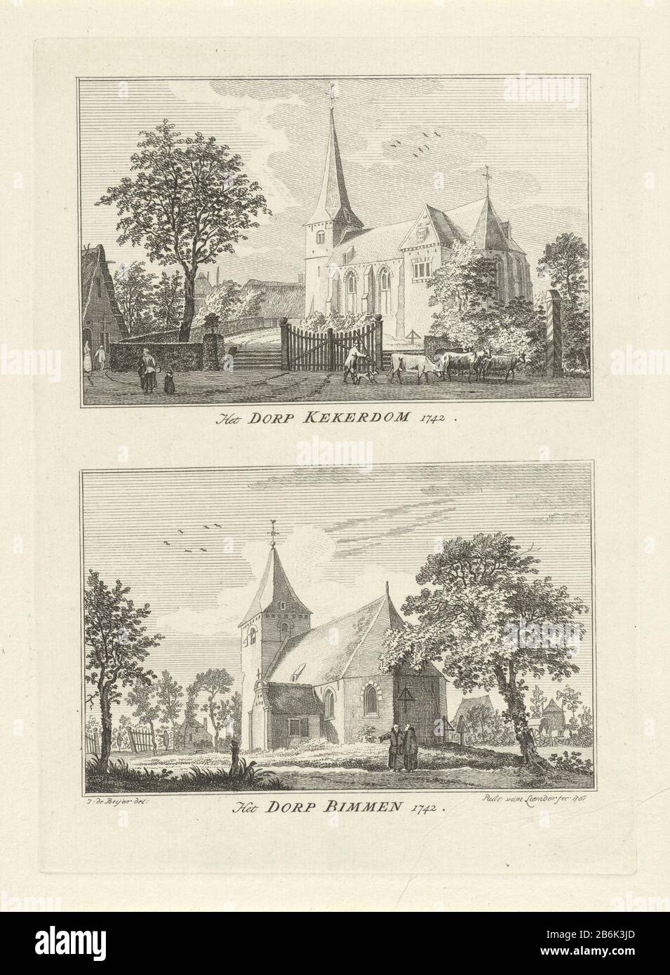 Dorpsgezichten to Kekerdom and Bimmen, 1742 Village Kekerdom 1742 Village Bimmen 1742 (title object) villages and towns in Cleve (series title) Two images of one plate. Views of the villages Kekerdom (top) and Bimmen to Germany (below), with church. The print is part of a 100-part series with views of villages and towns Kleef. Manufacturer : printmaker Paulus of Liender (listed property) to drawing: Jan de Beijer (listed building) Dated: 1761 Physical features: etching material : paper Technique: etching dimensions: plate edge: h 201 mm × W 145 mmToelichtingPrent also listed in: Beijer, Jan de Stock Photo