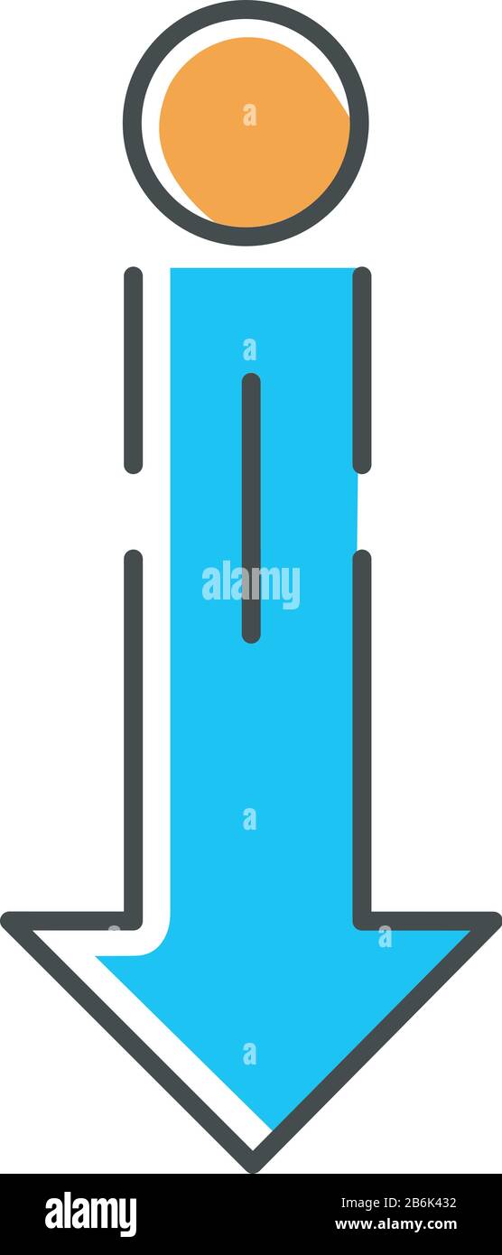 Down arrow and circle blue RGB color icon. Vertical scrolling gesture for touch screen. Scrolldown indicator, website pointer. Downloading process Stock Vector