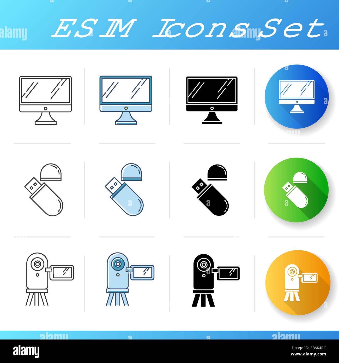 Mobile devices icons set. Electronic gadgets. Smart technology. Desktop computer, flash drive, video camera. Compact digital tools. Linear, black and Stock Vector