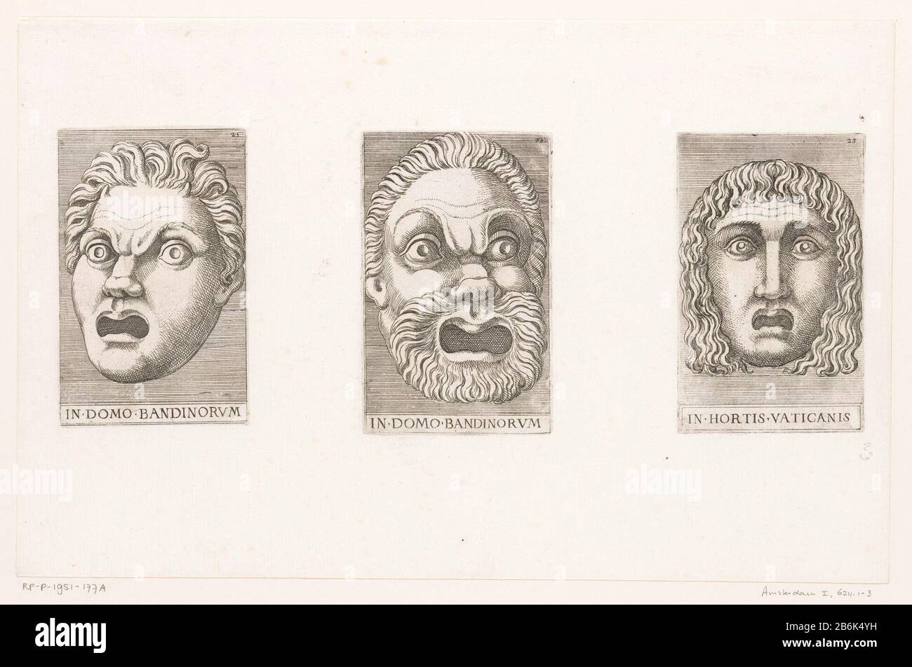 Three antique masks In domo domo Bandinorum In Bandinorum In Hortis Vaticanis (title object) Masks (series title) Leaf with three performances of antique maskers. Manufacturer : printmaker: Adamo Scultori (attributed to), designed by Giulio Romano (possible) Place manufacture: Italy Dating : 1540 - 1585 Physical features: etching; printing of three plates in a non-cut sheet of material: paper Technique: etching dimensions: plate edge: h 132 mm (Left.) × W 84 mm (Left.) × H 134 mm (Center.) × W 83 mm (Center.) × h 133 mm (Rt.) 82 mm × b (Rt.) Remarks These prints are part of a set of 38 numbere Stock Photo