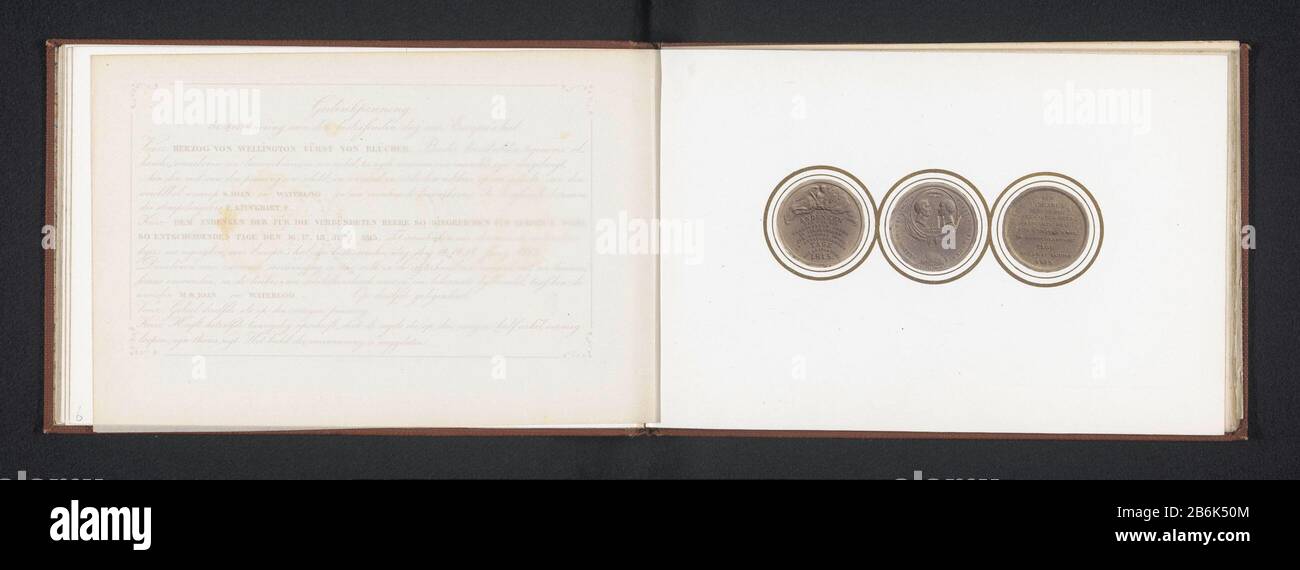 Three images of commemorative commemorating the Battle of Waterloo Links to the downside with the victory over the text, center front with two busts the Duke of Wellington and Gebhard von Blücher, right alternative side with a tekst. Manufacturer : photographer: William Matla Place manufacture: Den Haag Date: 1865 Material: paper paper Technique: albumen print dimensions: page: h 142 mm × W 220 mmToelichtingFoto on the eighth page.  Subject: memorial medal adult men (+ side view, profile) Victory Stock Photo