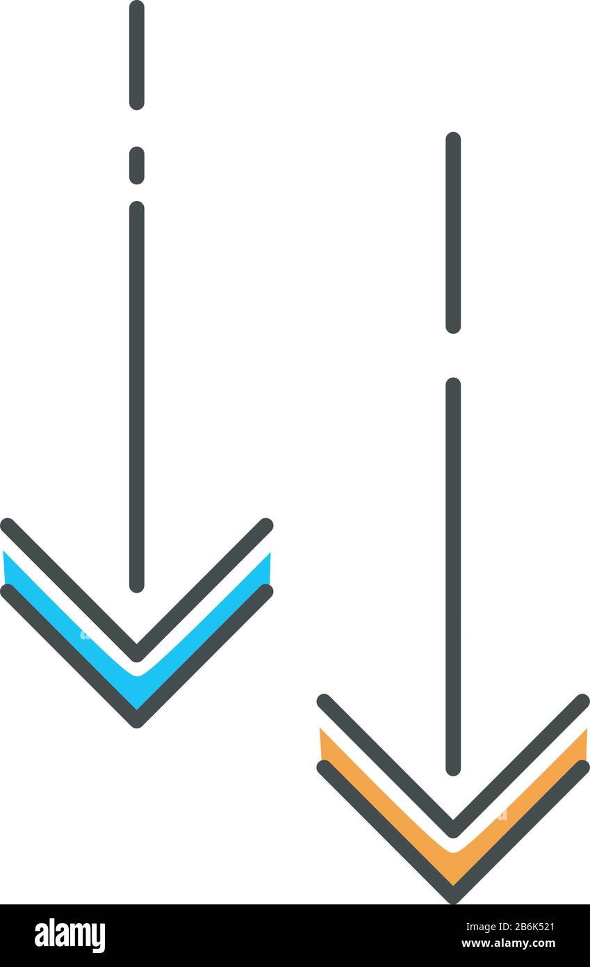 Moving down arrowheads blue and orange RGB color icon. Page browsing vertical direction. Scroll down arrows, website pointer. Scrolldown application Stock Vector