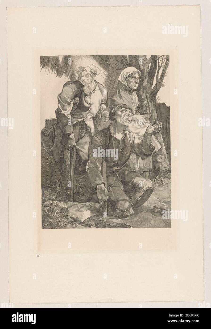 Three beggars in a tree Two men and women in her and the tattered clothes on a tree. Both standing and seated man supports himself with crutches. The seated man holding his hand. The woman has a small wicker basket in her hand. In this fourth state of the picture is the head of the man standing by another head vervangen. Manufacturer : printmaker: Johannes Josephus Aart Dated: 1881 - 1934 Physical features: engra and plate tone with a tone block beige material: paper Technique: engra (printing process) / tone plate size: plate edge: h 362 mm × W 254 mm Subject: beggarcrutches Stock Photo
