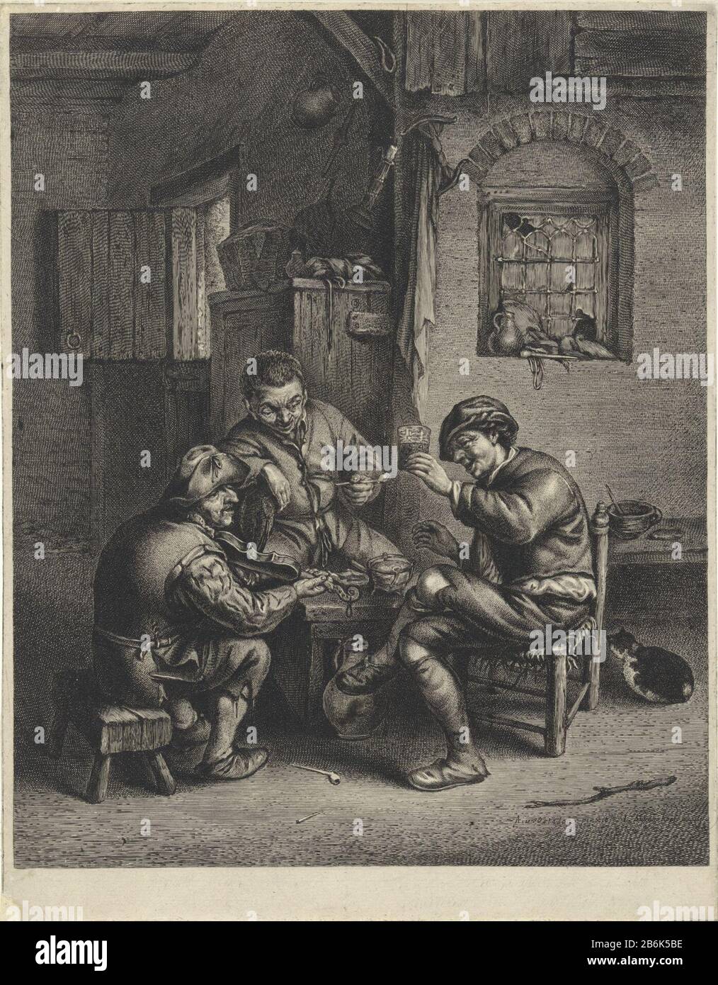 Three farmers sitting around a bench Interior with three farmers who sit around a bench. The man on the left plays the violin, the man on the right raises the glass and the man in the middle holding a pipe in the hand. Manufacturer : printmaker: Jonas Suyderhoef (listed property) to painting: Adriaen van Ostade (listed property) Place manufacture Haarlem Dating: 1647 - 1652 Physical features: car material: paper Technique: engra (printing process) Dimensions: plate edge: h 286 mm × W 223 mmToelichtingHet painting by Van Ostade is located in the collection of Dulwich Picture Gallery in Dulwich Stock Photo