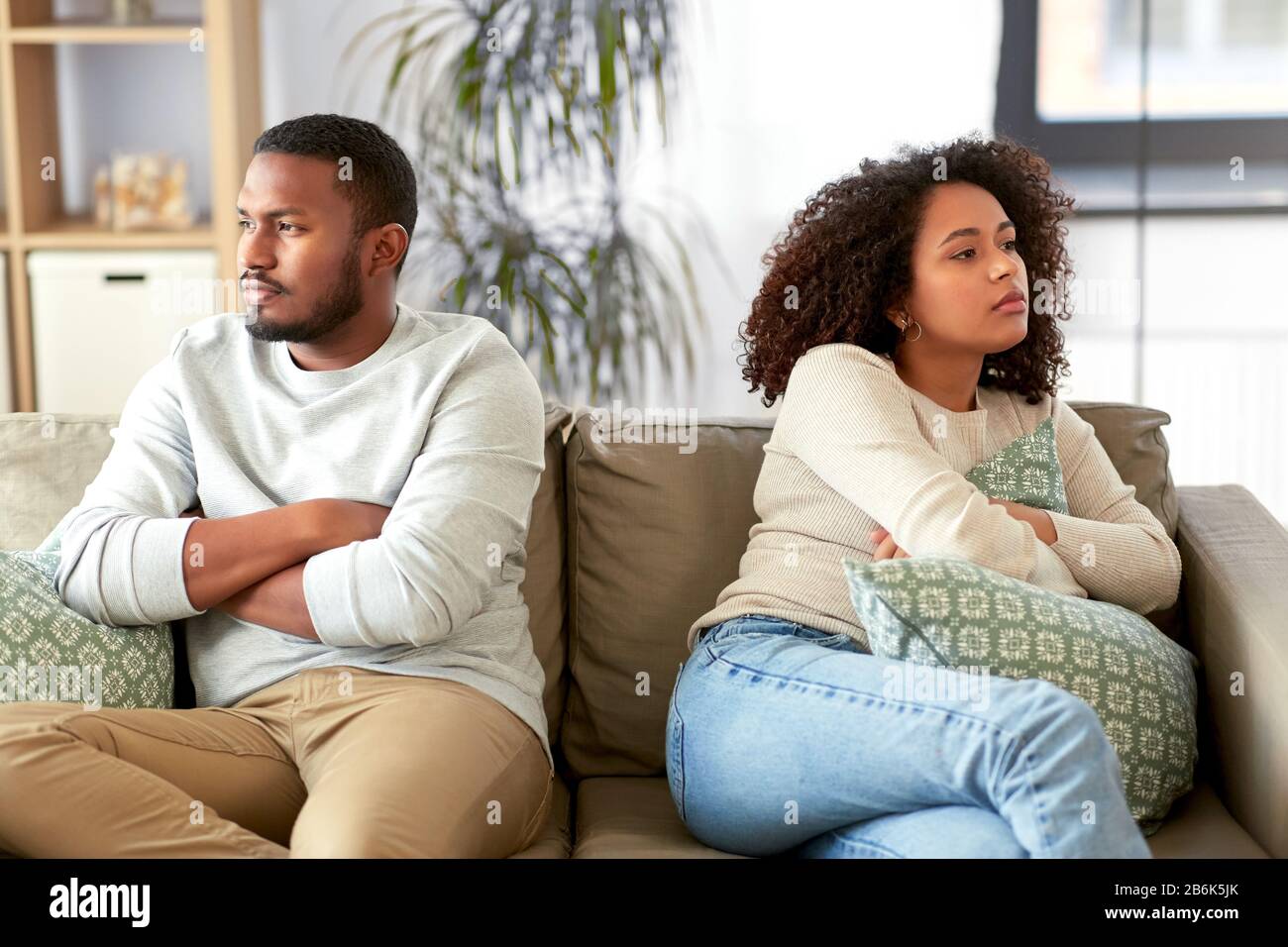 relationship difficulties, conflict and people concept unhappy african american couple having
