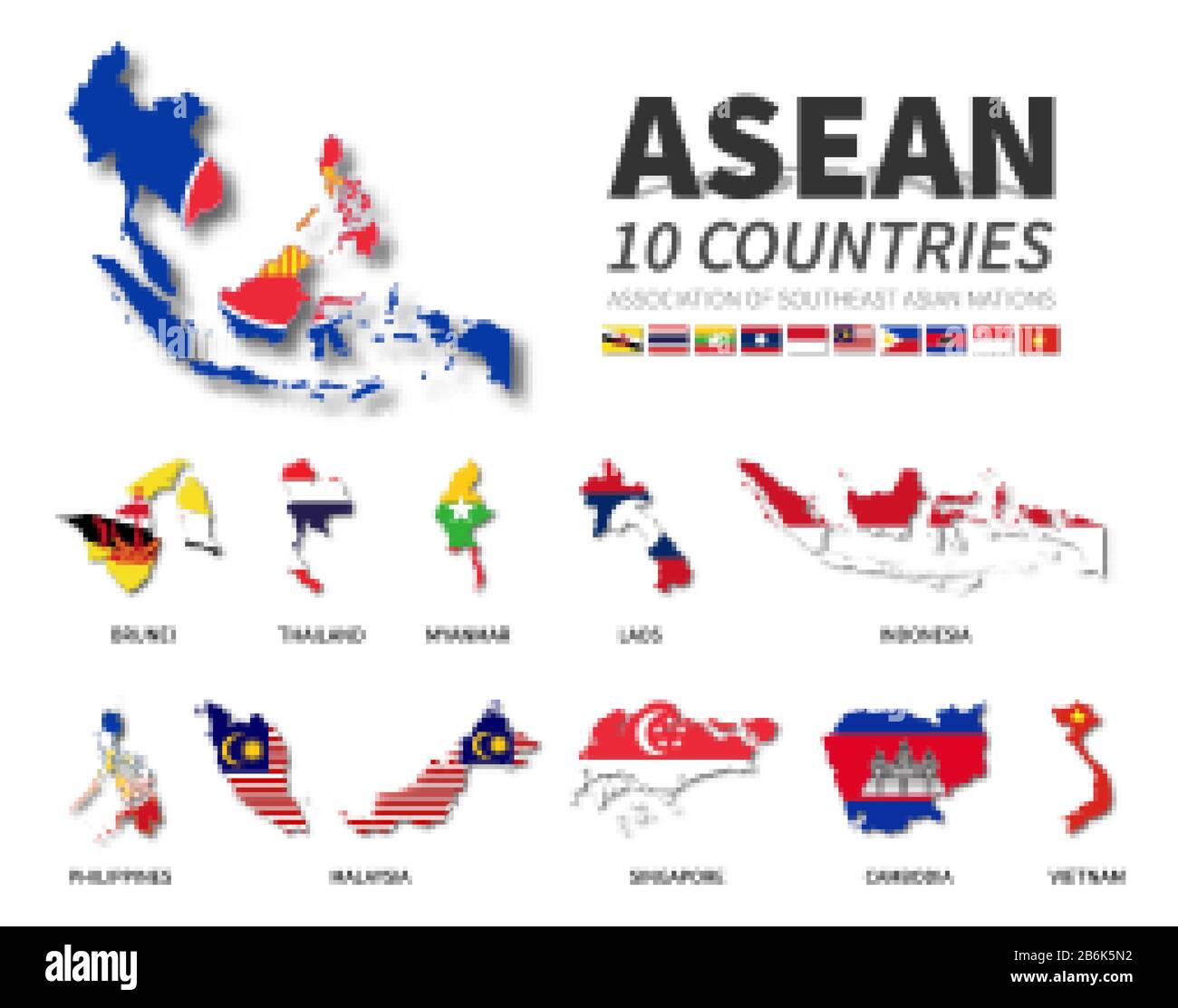ASEAN . Association of Southeast Asian Nations . Set of flat design country map and national flag of member with shadow . White isolated background . Stock Vector