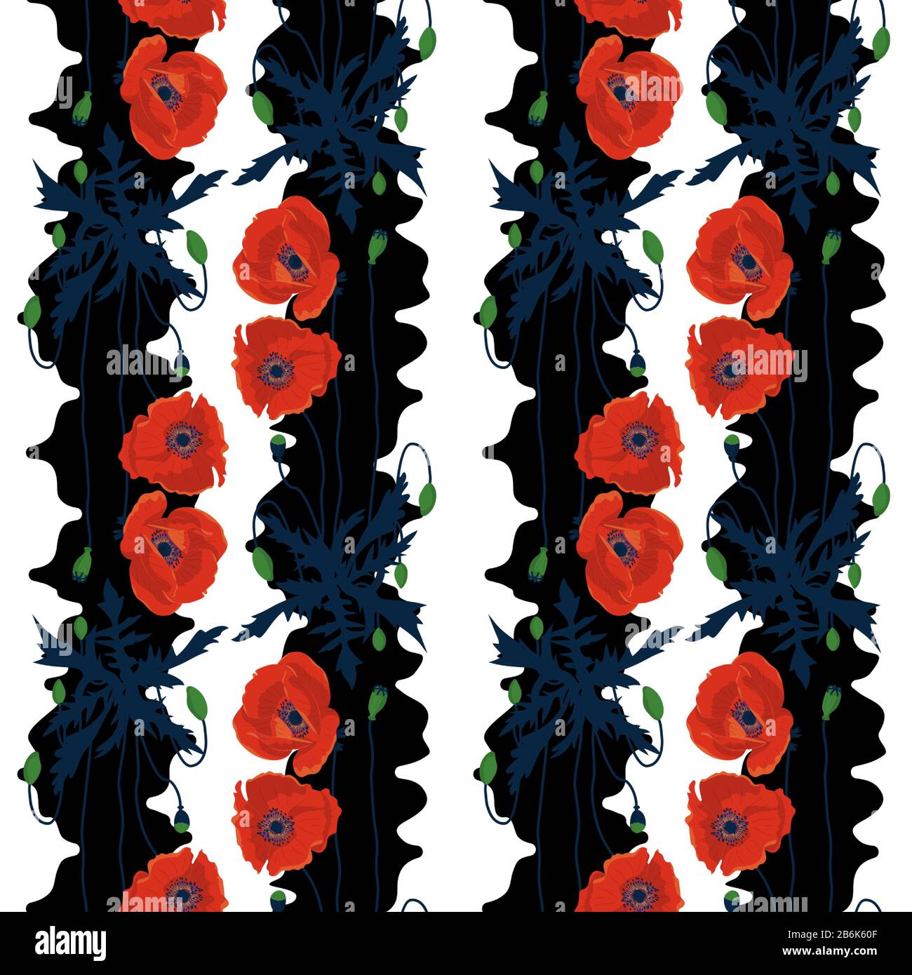 Seamless pattern with hand drawn red poppy flowers on black and white ...