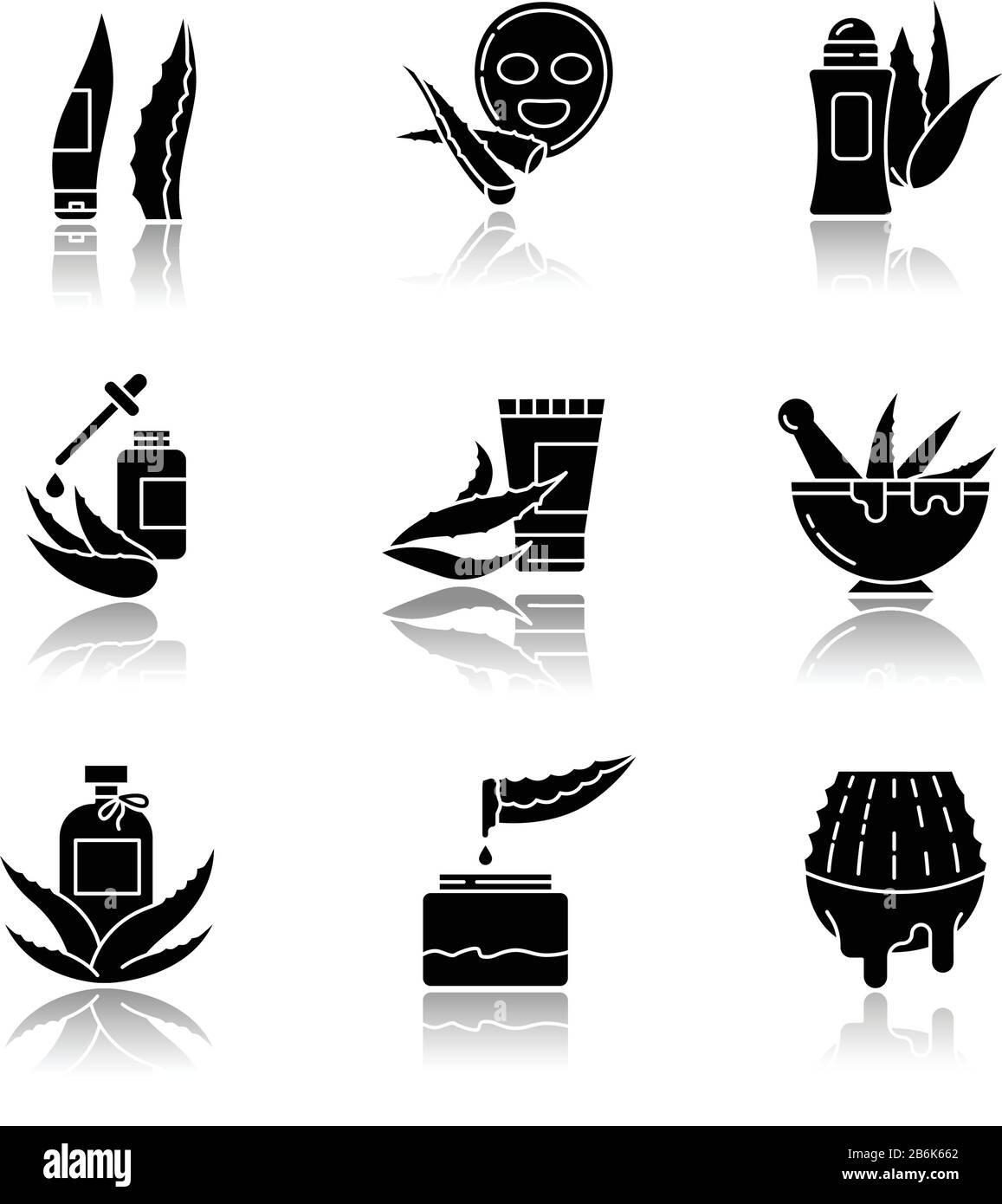 Aloe vera drop shadow black glyph icons set. Antiperspirant with ...