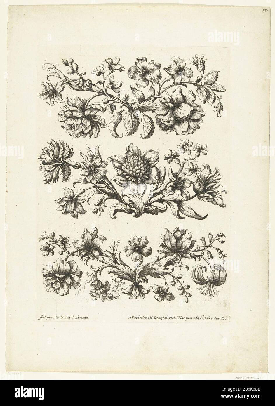 The leaves and flowers sprout from a chalice in the middle. Journal of series 12. Manufacturer : printmaker Paul Androuet Ducerceau (listed property) designed by Paul Androuet Ducerceauuitgever: Nicolas Langlois (I) (listed building) Place manufacture: printmaker: France (possible) to design: France (possible) publisher: Paris Date: ca. 1670 - ca. 1685 Material: paper Technique: etching dimensions: plate edge: h 287 mm × W 201 mm Stock Photo