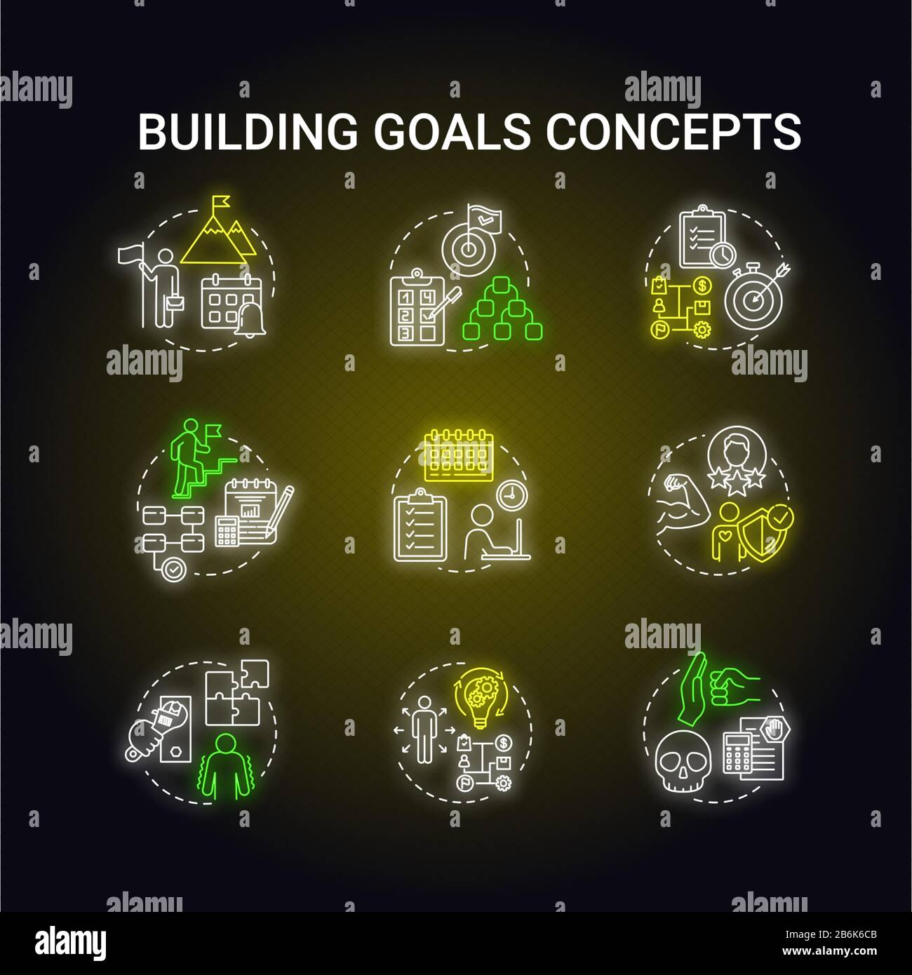 Building goals neon light concept icons set. Capitalizae on opportunity
