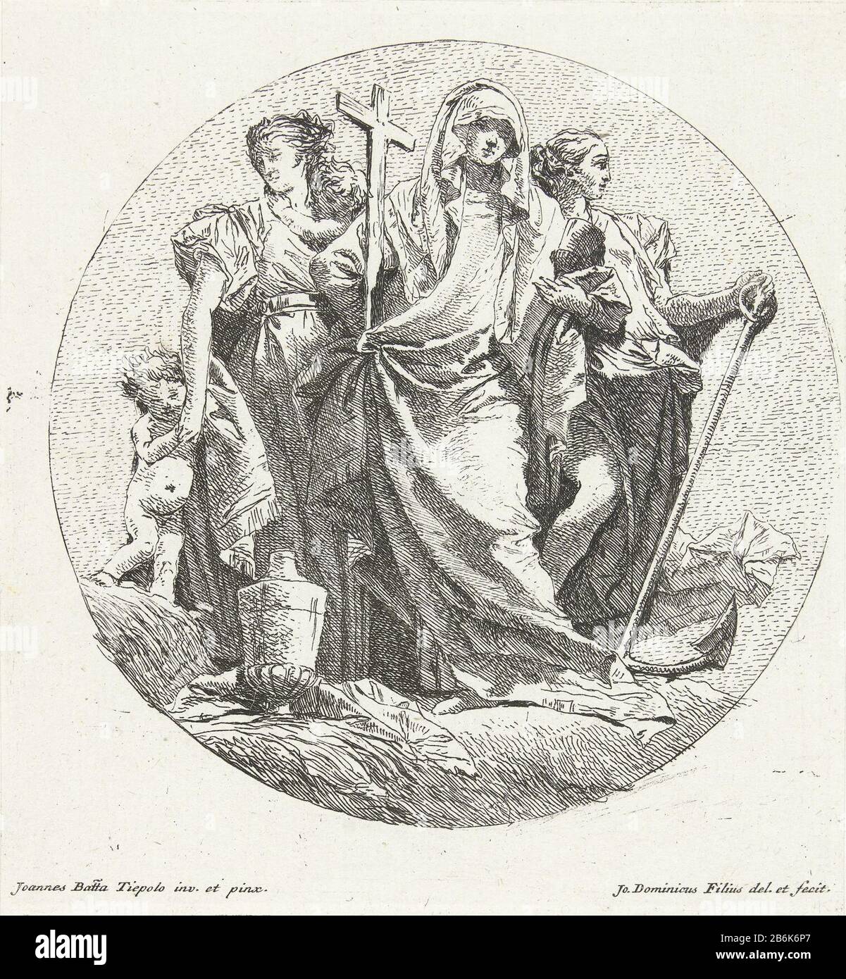 Three theological virtues faith, hope and love Female personifications of three theological virtues: faith, cross, hope and love with anchor two kinderen. Manufacturer : printmaker Giovanni Domenico Tiepolo (listed property) designed by Giovanni Battista Tiepolo (listed property) Place manufacture: Venice Date: 1741 - 1745 Physical features: etching material: paper Technique: etching dimensions: sheet: h 173 mm × W 160 mmToelichtingPrent designed by Giovanni Battista Domenico. Subject: the Three Theological Virtue Stock Photo