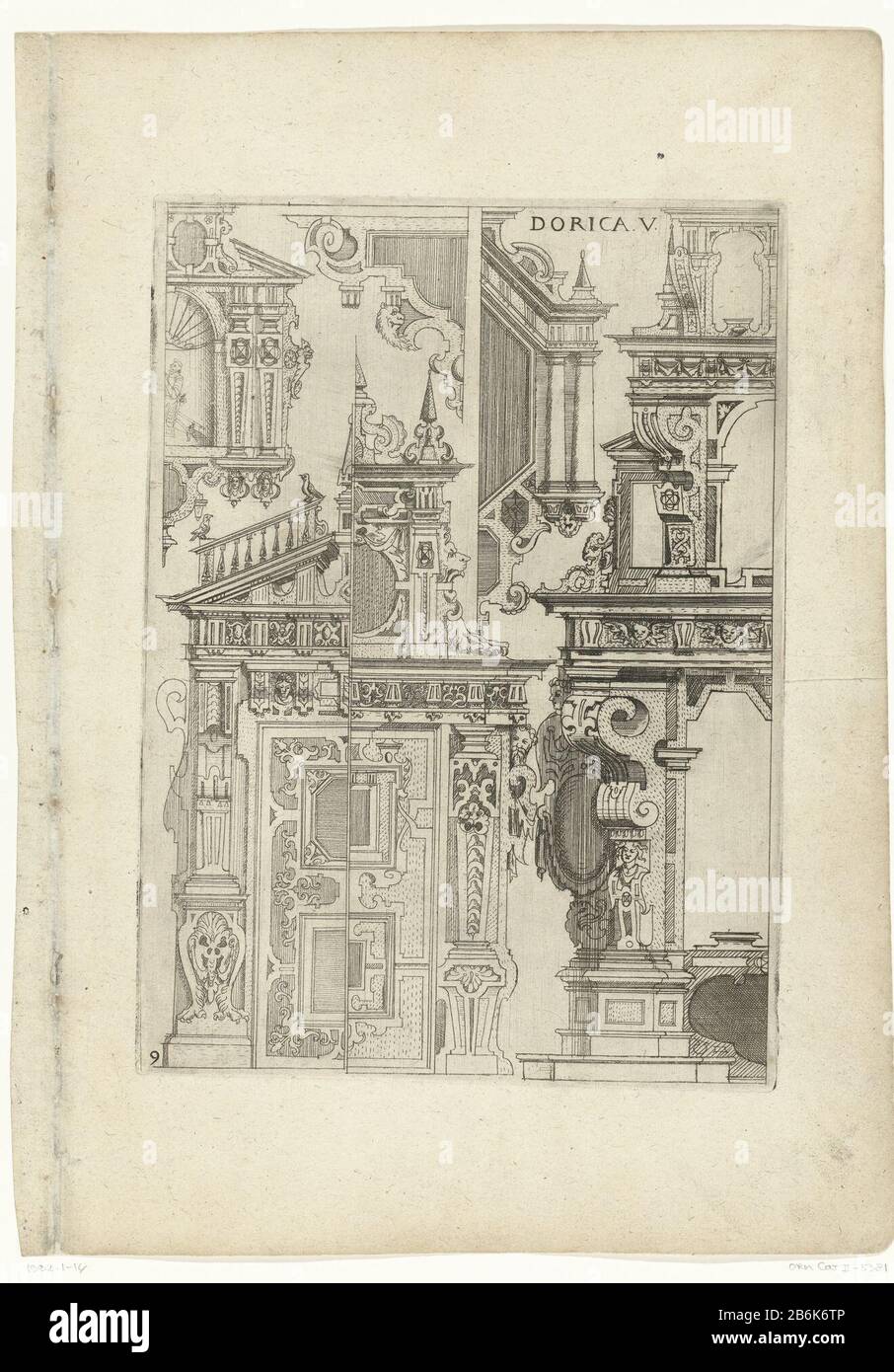 Three half epitaphs, two half portals and one-half of an altar DoricaV (title object) Architectura von den funf Seuvlen (series title) Journal 9 from series of title page and 28 bladen. Manufacturer : print maker: Gabriel Kramer to design: Gabriel Kramer Publisher: Johann Bussem Stomacher Place manufacture: print maker: Germany (possible) to the design of Germany (possible) publisher: Cologne Date: 1610 Material: paper Technique: etching dimensions: plate edge: h 279 mm × W 204 mm Stock Photo