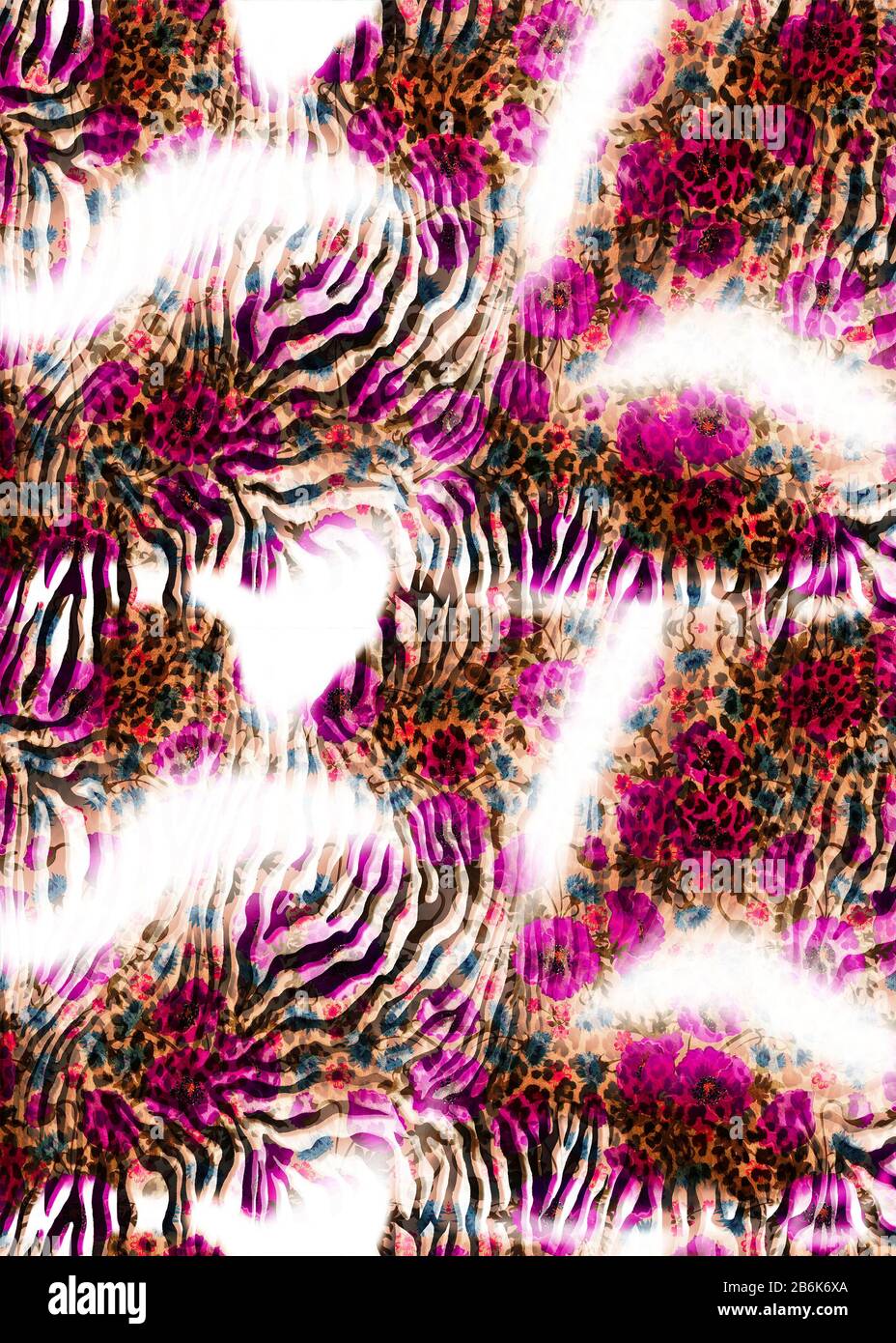 Animal skin texture with pink flowers. Zebra and Leopard  fashionable pattern. - illustration. Stock Photo