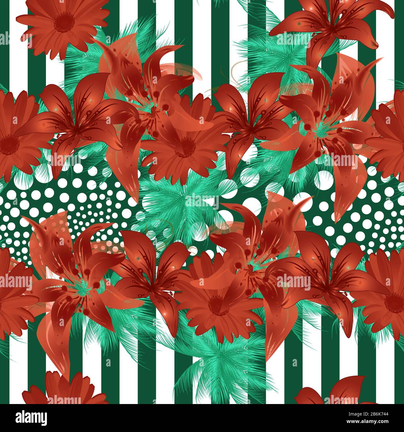 Red flowers and green tropical leaves pattern with geometric background ...
