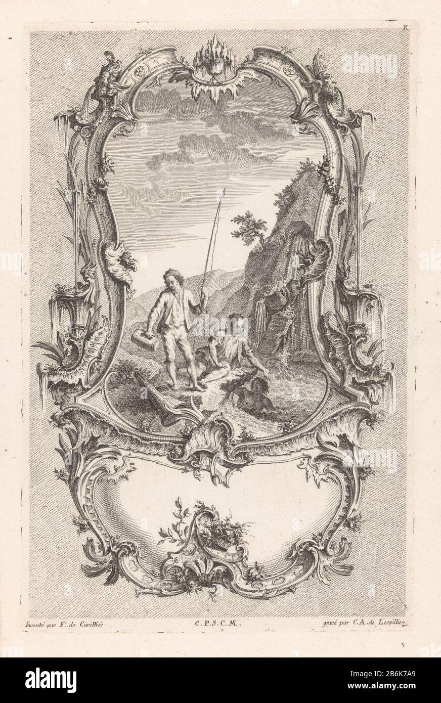 Three young men with waterfall figures in landscapes (series title) 10me Livre K Morceaux The Caprices, A Diverse Usages (series title) Een jongeman met hengel staat op een oever naast een waterval, naast hem zit een jongeman die zijn hand uitreikt naar een zwemmende jongeman in het water. Rondom de voorstelling een geornamenteerde omlijsting. Manufacturer : prentmaker: Carl Albert von Lespilliez (vermeld op object)naar ontwerp van: François de Cuvilliés (Sr.) (vermeld op object)verkoper: François de Cuvilliés (Sr.)verkoper: Poillyverlener van privilege: Keizerlijk hof (vermeld op object)Plaat Stock Photo