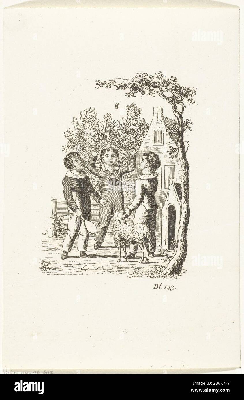 Three kids playing badminton and shuttlecock Three children play badminton  or pluimbal Object Type : picture book illustration Item number:  RP-P-OB-26.613 Inscriptions / Brands: inscription, recto, printed: 'bl.  143.' collector's mark ,
