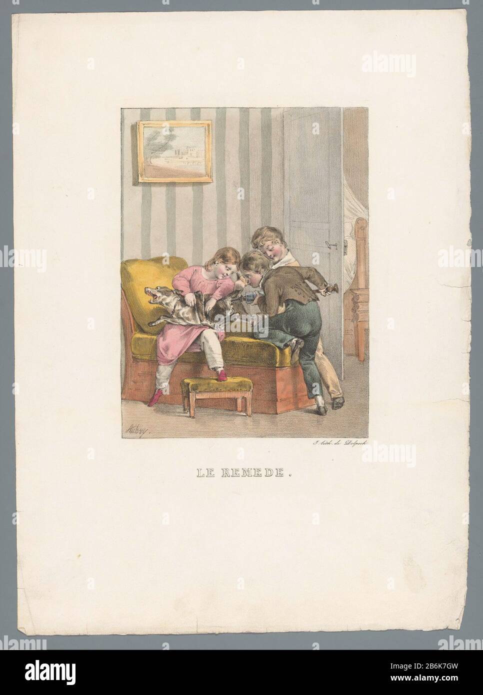 This post is part of a folder with six prenten. Manufacturer : printmaker Charles Aubry (listed building) printer: veuve Delpech (Naudet) (listed building ) Place manufacture: Paris Date: 1824 Physical features: lithograph, hand-colored material: paper Technique: crayon lithograph / hand color dimensions: sheet: h 379 mm × W 281 mm Subject: child (at home) childmischief-making playdog Stock Photo