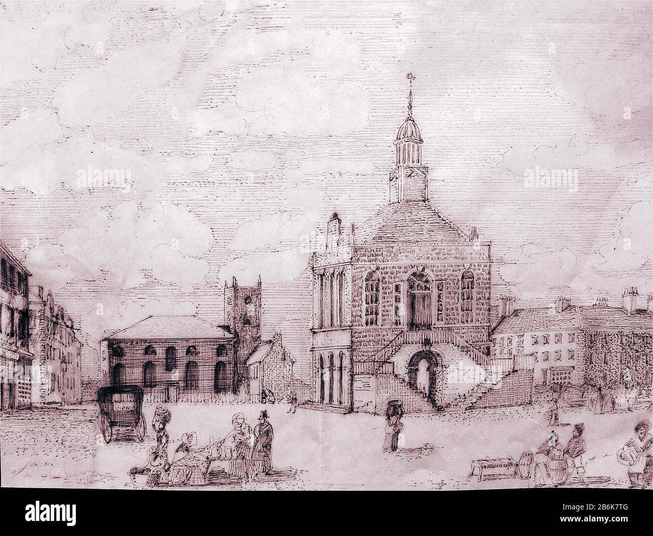 A pen and ink sketch of South Shields market place 1834.South Shields is a coastal town at the mouth of the River Tyne in the North East of England in what has been termed Catherine Cookson Country (after the late author of that name) . The present day church (St Hilda's), is said to stand on a monastic site. The Town Hall was built in 1768. Though here are different definitions of what constitutes a Geordie, residents of the town , as Tynesiders, are considered Geordies Stock Photo