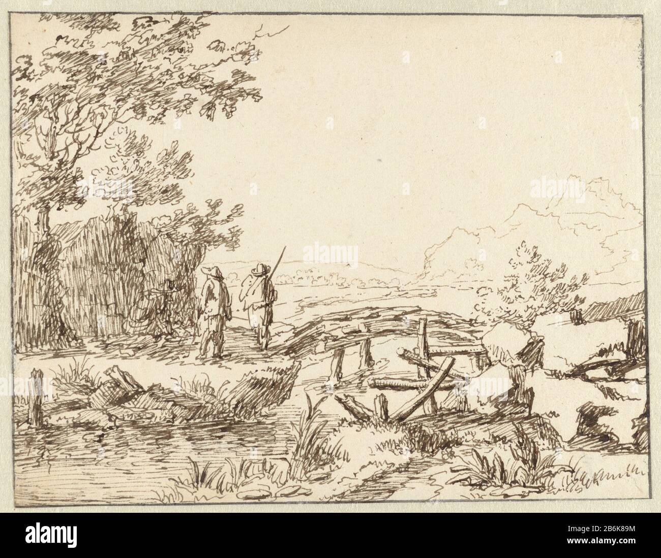 Three men on a bridge Landscape with a bridge over a stream and three men. Manufacture Creator: artist Jan van Veen Almelo Date: May 27 1682 Physical features: pen in brown material: paper ink Technique: pen Dimensions: h 148 mm × W 191 mm Stock Photo