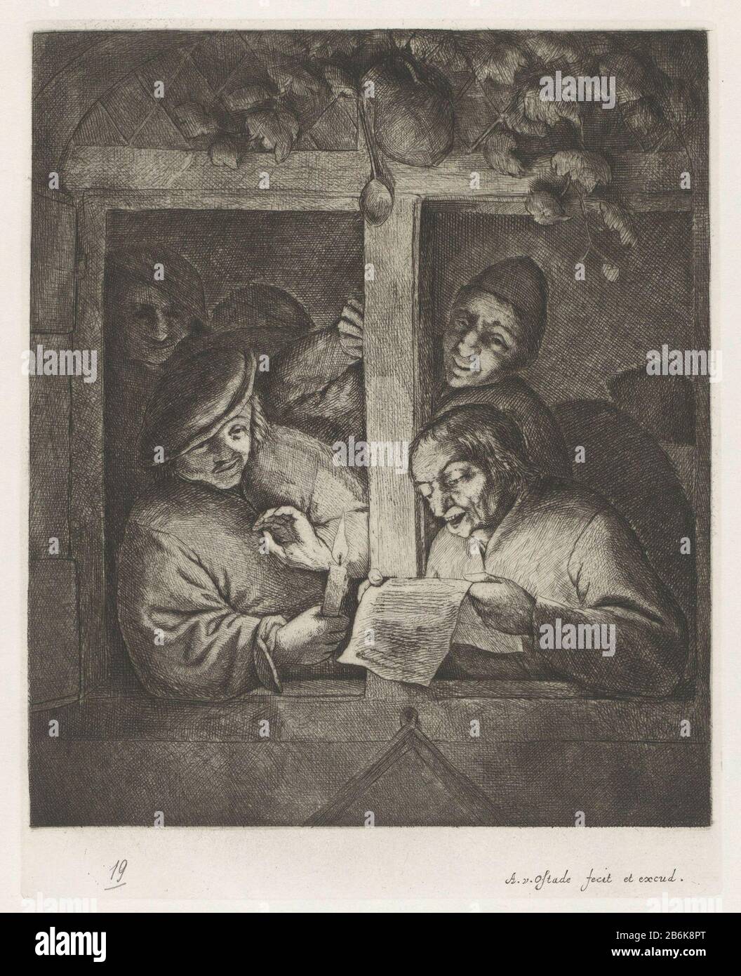 Three men sing from sheet of paper by candlelight in the open window Three men sing from sheet of paper by candlelight in open window object type: picture album leaf Item number: BI 1942-5-19Catalogusreferentie: Hollstein Dutch 19-7 (7) Marking / Brands: collector's mark, verso, stamped ' AUSTRIAN / Musm (Stamp similar Lugt 2166. Here a line under the M instead of two points.) collector's mark, verso, stamped: 'B' (Library Rijksmuseum.) Description: the three singers in an open window is a satire the literary meetings of the rhetoricians. The diamond-shaped insignia under the window refers to Stock Photo