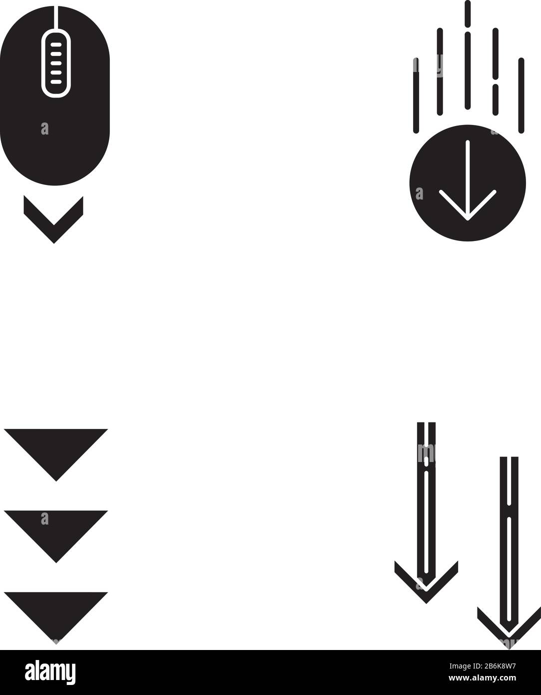 Scrolling down black glyph icons set on white space. Computer mouse and