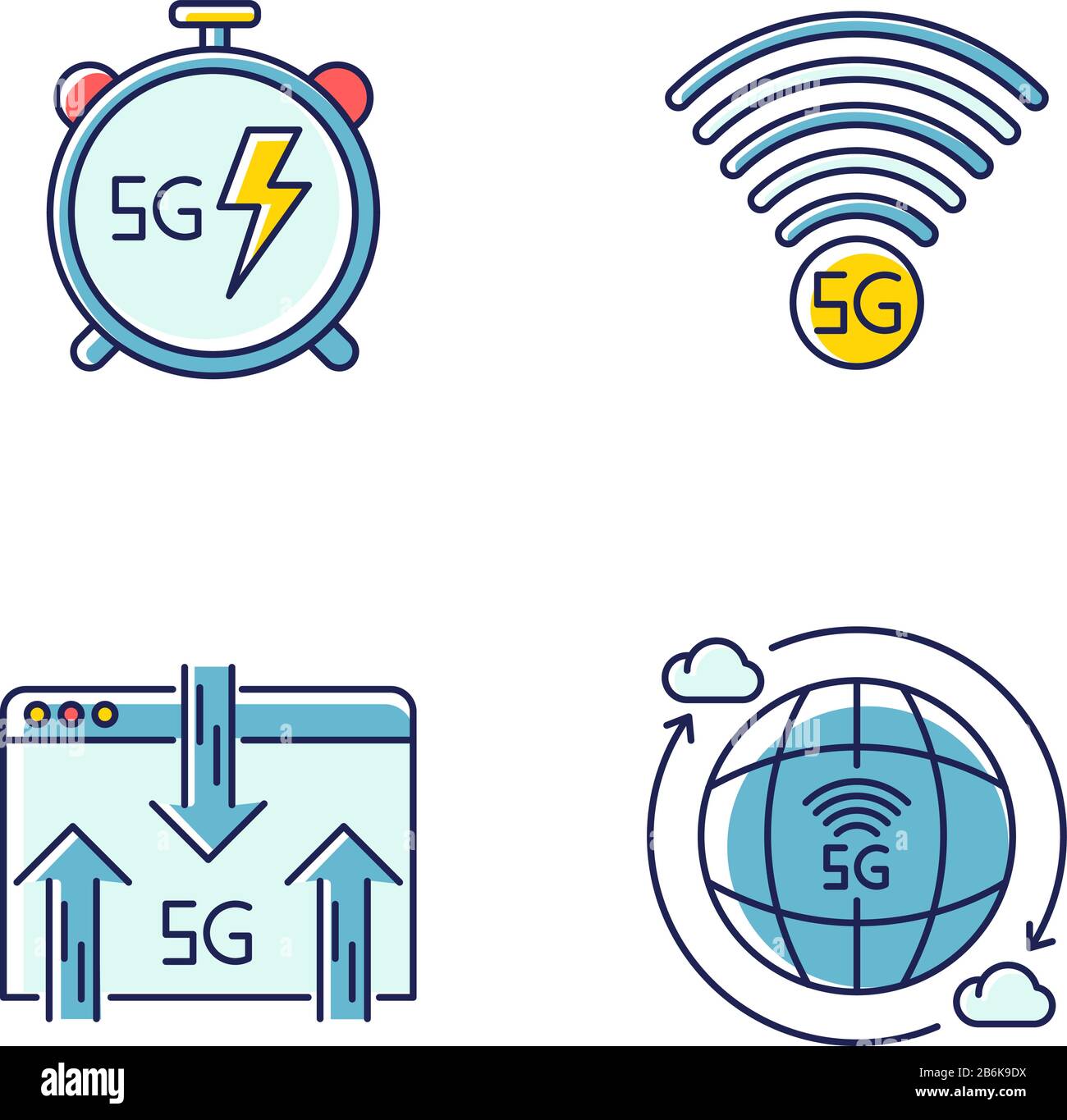 5G wireless technology RGB color icons set. Fast speed. Low latency connection. Signal indicator. Data exchange. Mobile cellular network. Isolated Stock Vector