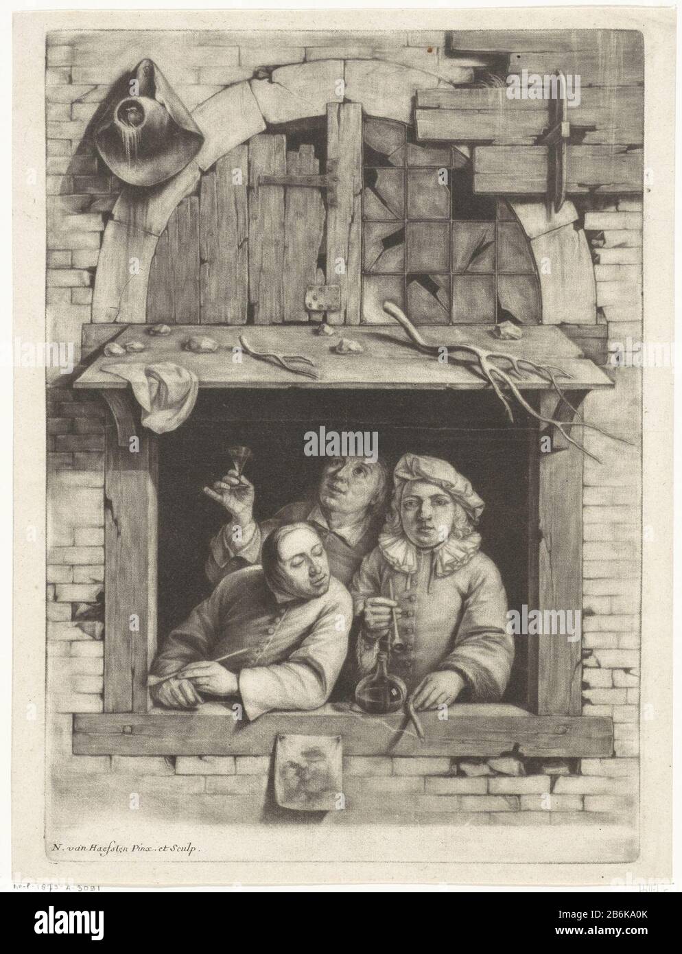 Three smokers in a window Three drinking and smoking men standing behind an open window. On the roof above the window are stones and branches or pieces of an antler. On the outside of the window, hang a hat and afbeelding. Manufacturer : printmaker: Nicolaes van Haeften (listed property) Place manufacture: Antwerp Date: 1673 - 1715 Physical features: mezzotint and engra material: paper Technique: mezzotint / engra (printing process) Dimensions: plate edge: h 337 mm × W 241 mm Subject: drinking-vessel pipe  tobaccopicture, painting print, eg: engra, etching, lithograph Stock Photo