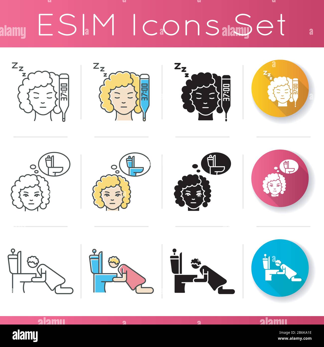 Symptoms of early pregnancy icons set. Rised basal temperature. Frequent  urination. Woman vomiting near toilet. Feeling sick. Linear, black and RGB  Stock Vector Image & Art - Alamy