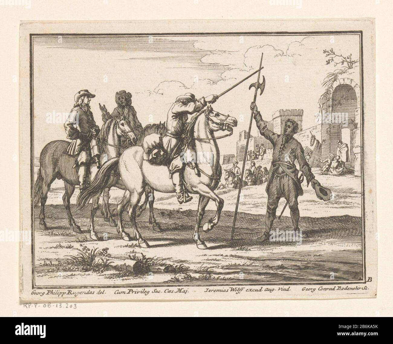 Three riders and halberdier Riders (series title) Three riders and halberdier riders (series title) Property Type: print Serial Number: 1 / 8Objectnummer: RP-P-OB-13.203Catalogusreferentie: LeBlanc 1 Definition: In the background a tent camp for a city wall. Bottom right: B. Manufacturer : printmaker: Georg Conrad Bodenehr (listed property) to drawing: Georg Philipp Rugendas (I) (listed building) publisher: Jeremias Wolf (listed property) provider of privilege: Leopold I (Emperor of Germany ) (listed building) provider of privilege: Charles VI (emperor of the Holy Roman Empire) (listed buildin Stock Photo