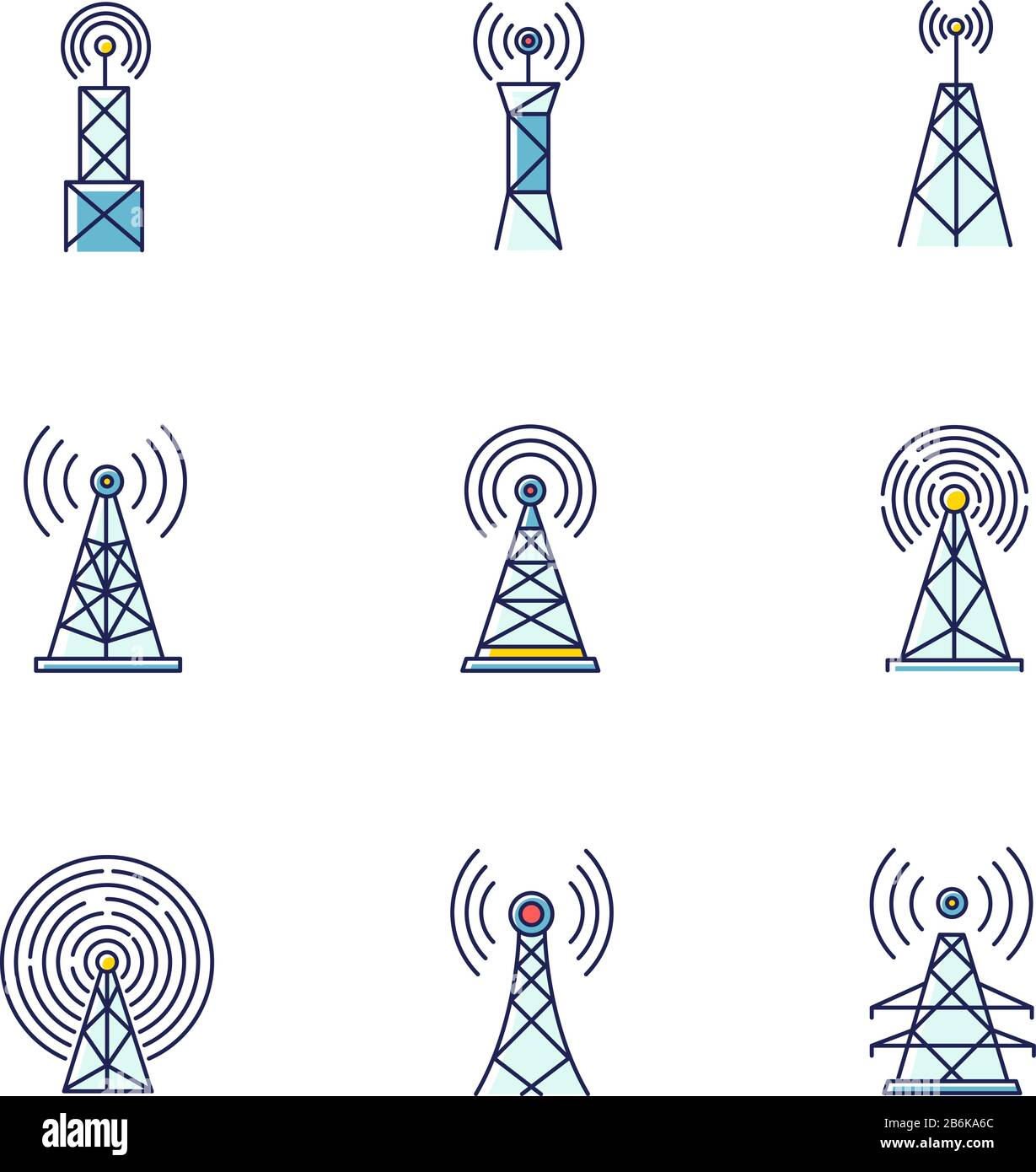 5G cell towers and antennas RGB color icons set. Wireless technology. Fast connection. Mobile network coverage. Telecommunication. Isolated vector Stock Vector