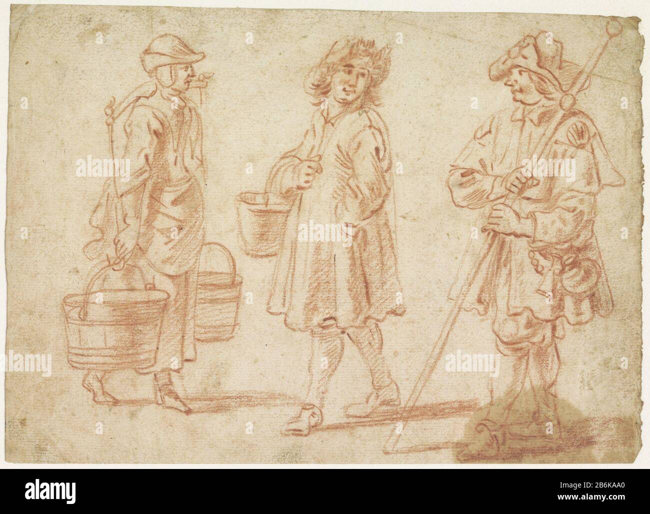 Three sketches of a woman with yoke man with a bucket and a pilgrim