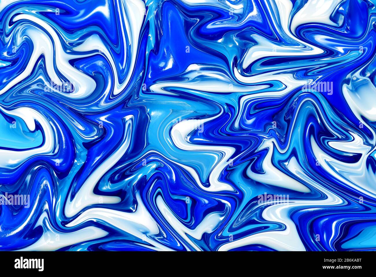Blue liquid marbling paint swirls background. Fluid painting abstract texture. Stock Photo
