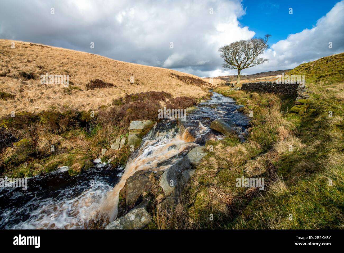 waterfall tumbling over rocks on moorland close to the west yorkshire pennine town of hebden bridge Stock Photo