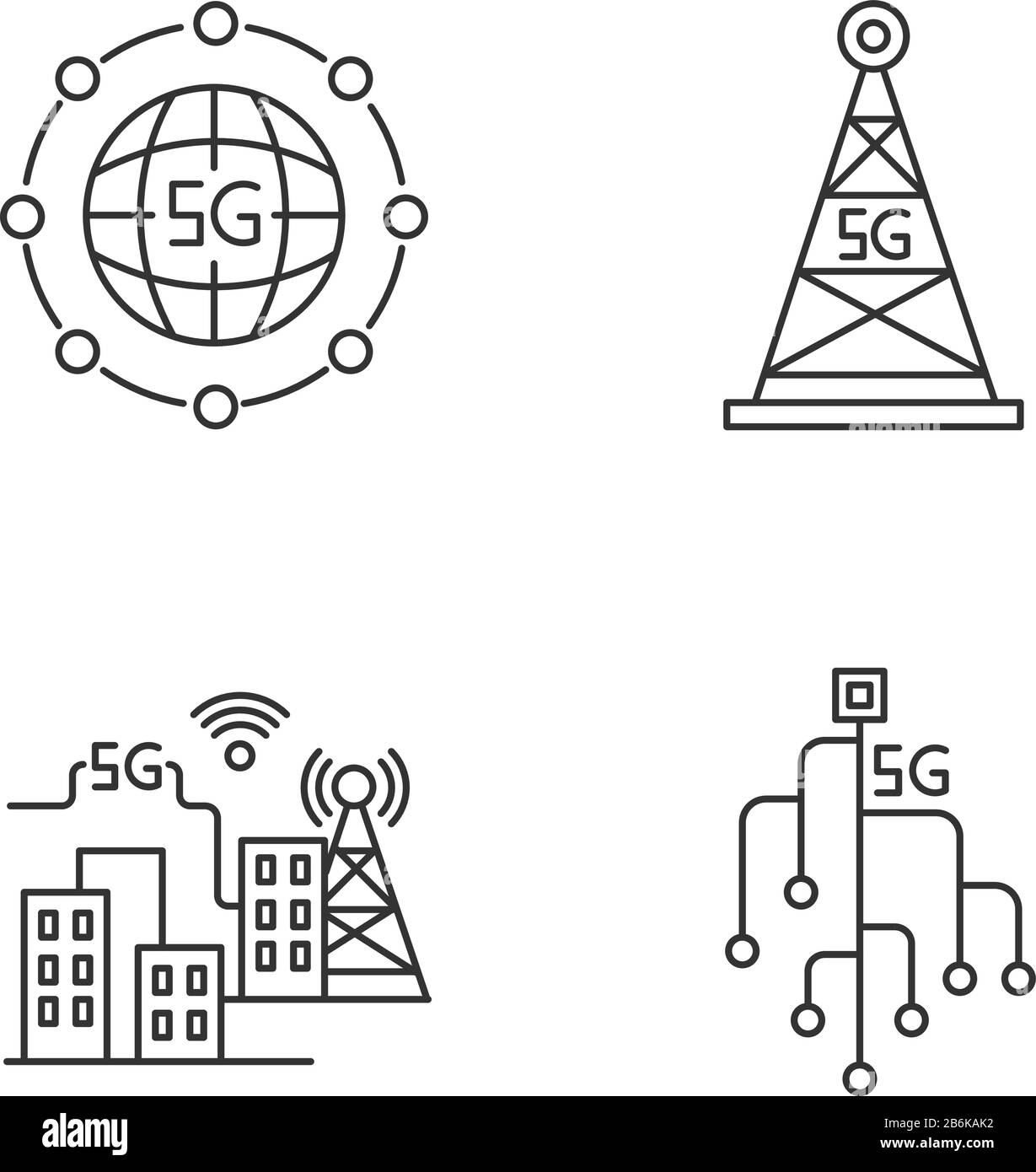 5G wireless technology pixel perfect linear icons set. Smart city ...