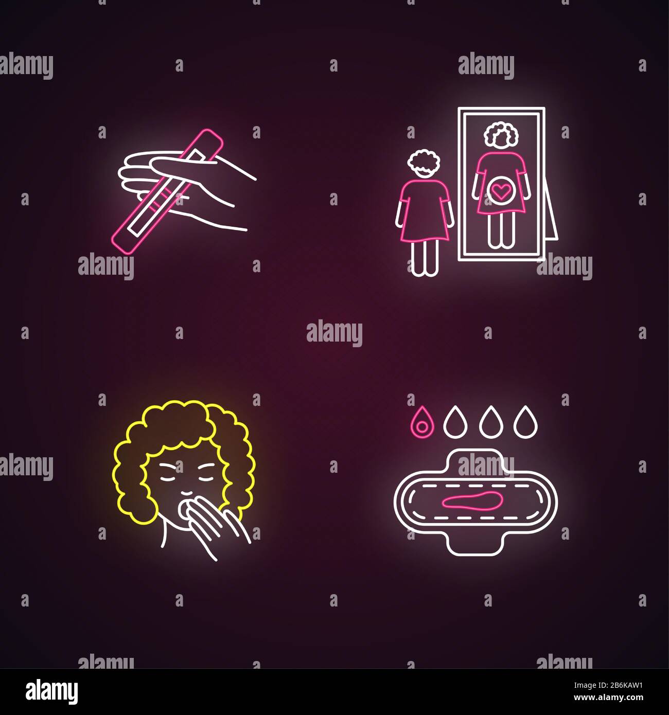 Early pregnancy symptom neon light icons set. Positive test for