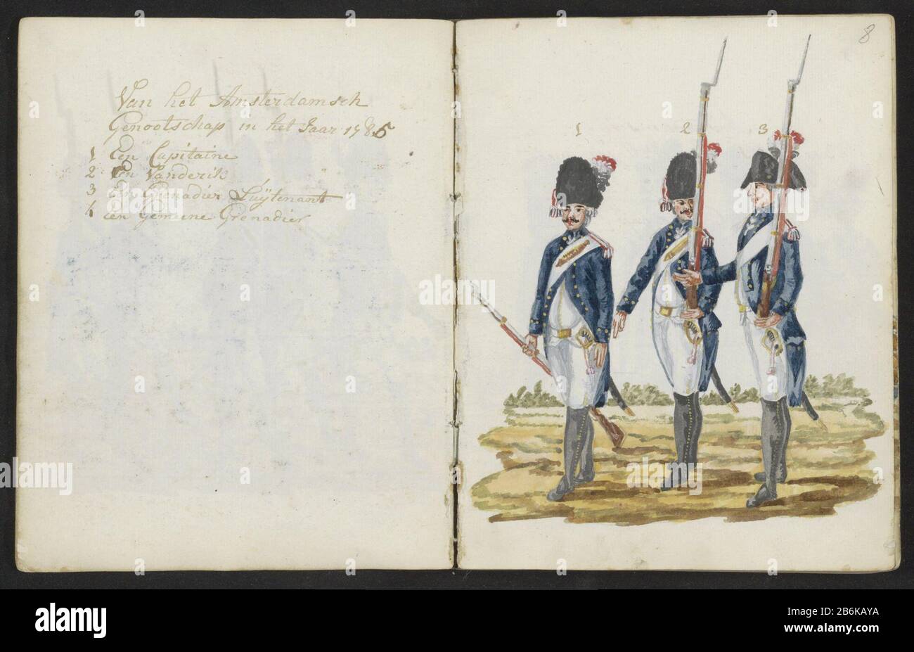 Three uniforms from the Amsterdam association exercise in 1783-1787 of the Amsterdam Society in the Year 1785 (title object) The page text with four shooters does not correlate with the page with the presentation of three members of the Amsterdam association exercise. Here's leaf torn from the album. Part of the second chapter on the new Amsterdam militia between 1783-1787. In the sketch with color drawings of the uniforms worn by military personnel and members of the schutterij from the period 1770 to 1795-1796. Manufacturer :  draftsman: S.G. Cast Insert preparation: Amsterdam Date: 1795 Phy Stock Photo