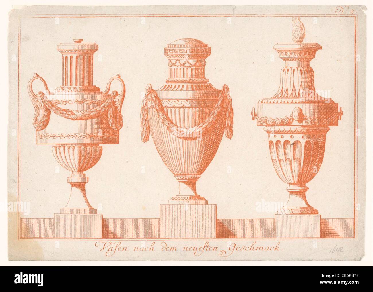 Drie vazen vase according to the latest taste (series title) Three ornamental vases garlands. Left with two ears, right with vlam. Manufacturer : printmaker: anonymous to drawing: Nathan Juste François Boucher (possible) to drawing: Dupuis (designer) (possible) publisher: Fietta & Comp.Plaats manufacture: to drawing: Germany Publisher : Kriegshaber Date: 1750 - 1788 Physical features: etching in orange material: paper Technique: etching dimensions: sheet: h 184 mm (Inner cut the plate edge.) × W 257 mm (Inner cut the plate edge.)  Subject: vase  ornament Stock Photo