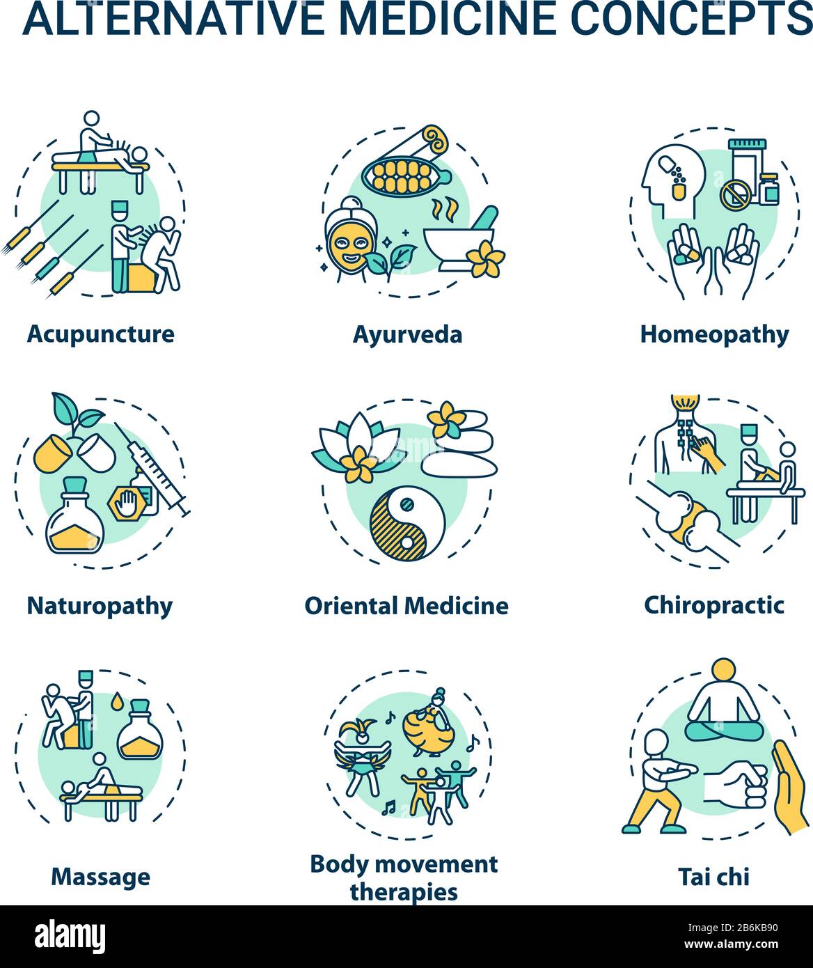 Alternative medicine concept icons set. Complementary therapies idea thin line RGB color illustrations. Physical and spiritual healing techniques Stock Vector