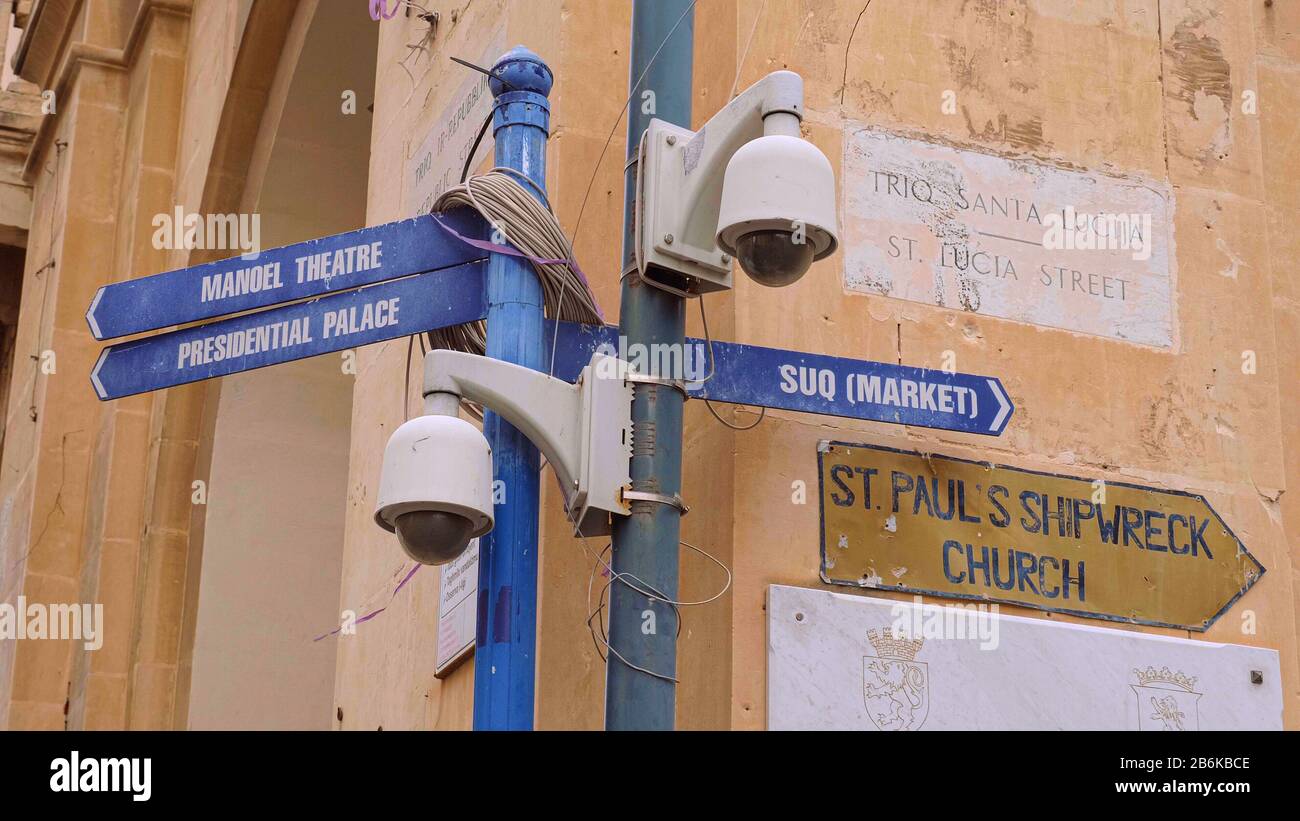 Street signs in Valletta Malta MALTA, MALTA MARCH 5, 2020 Stock