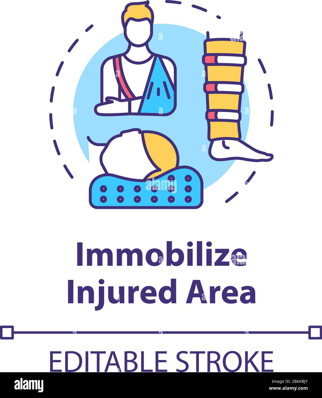 Immobilize injured area, first aid step concept icon. Fracture and sprains treatment, limb and spine trauma therapy thin line illustration. Vector Stock Vector