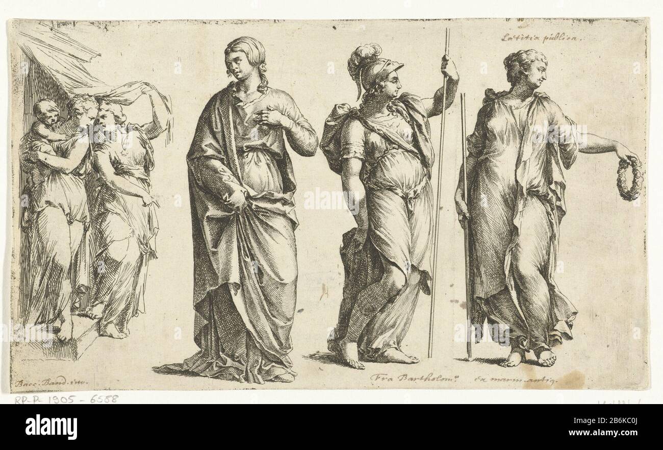 Three images of women and a group of two women and a child Paradigmata graphices variorum artificum (series title) Completely left a group of two women, one holding a child on her arm (a). Beside a woman holding her skirt up (b). In the center right Minerva (c). On the far right an image could vorstellen that various figures, possibly a muse, or the goddess Flora, or Laetitia publica (d) . Manufacturer : print maker: Jan the Bishop To design: Baccio Bandinelli (indicated on object) to a design of: Bartolommeo ( Fra) (listed building) to view: anonymous (listed property) Place manufacture: Nort Stock Photo