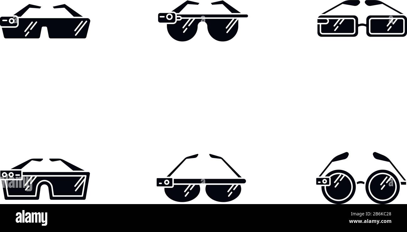Smart glasses black glyph icons set on white space. Smartglasses. Wearable computer optical