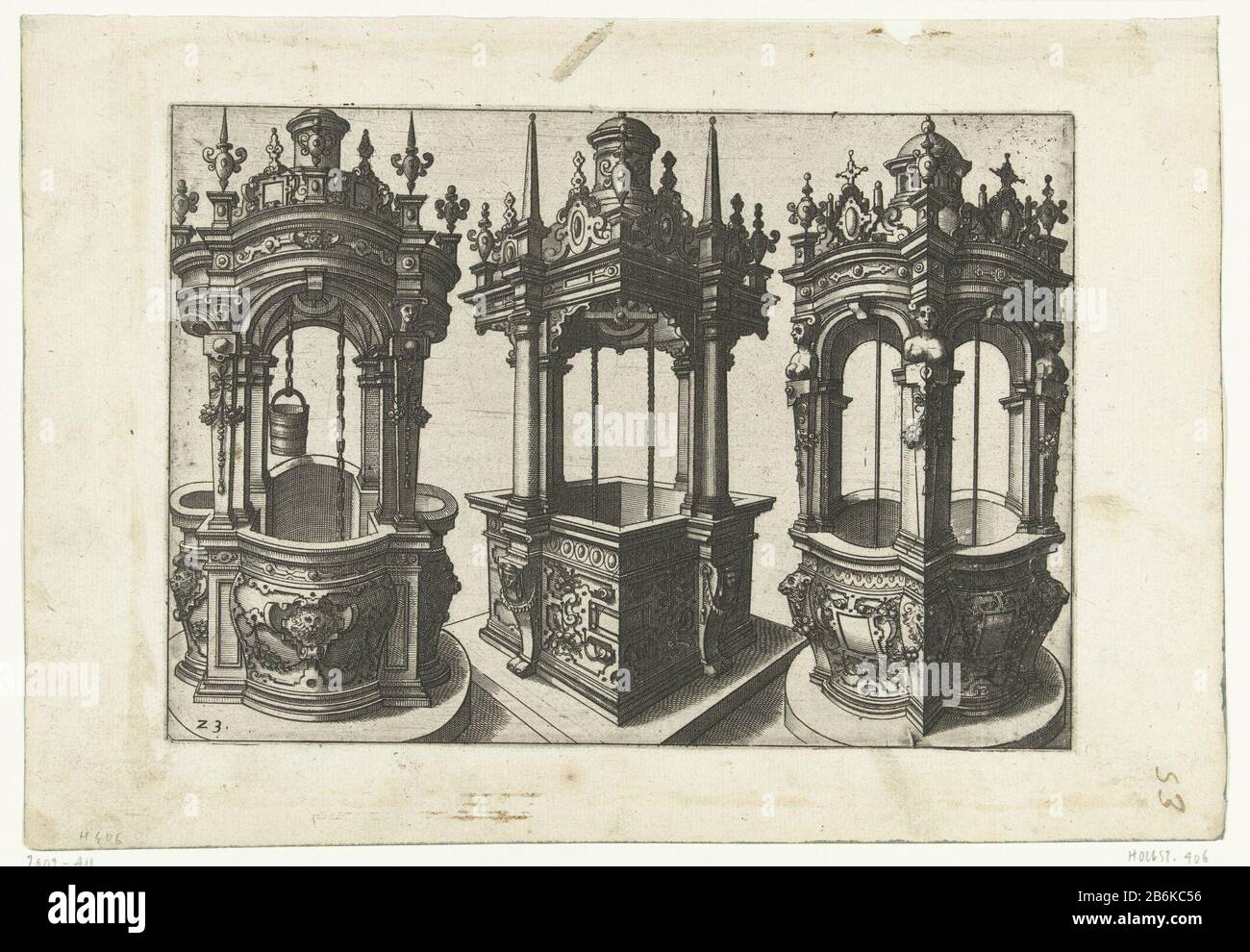 a pit with four sides bulged hemisphere, a square well seen on the corner, and a pit with four bulged semicircular sides on the angle seen. On the edges of the wells are columns or pilasters with hermen combined which carry a canopy with a lantern. No. 23 from series of 24 small waterputten. Manufacturer : print maker: John or Lucas of Doetechumnaar drawing of: Hans Vredeman de Vries Publisher: Philips Gall Place manufacture: Antwerpen Dated: ca. 1574 Physical characteristics: etching material: paper Technique: etching dimensions: plate edge: H 144 mm × b 204 mm Subject: well Stock Photo