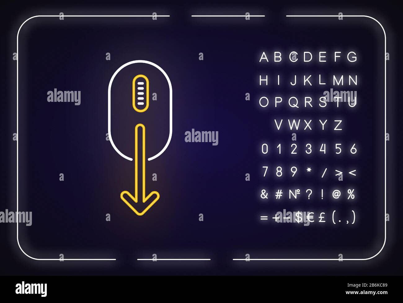 Mouse and down arrow neon light icon.  page scrolling down indicator