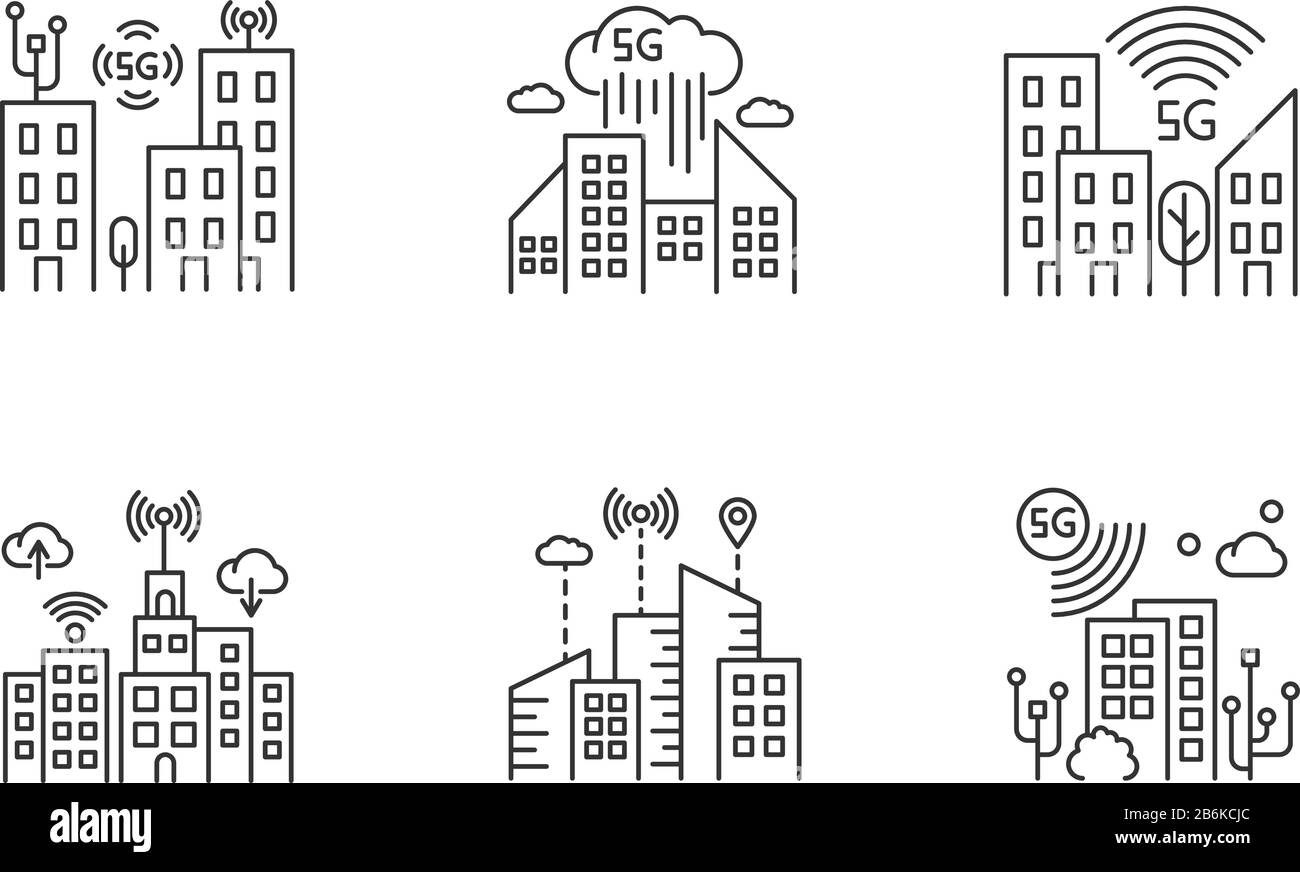 5G smart city pixel perfect linear icons set. Urban intelligence. Mobile cellular network coverage. Customizable thin line contour symbols. Isolated Stock Vector