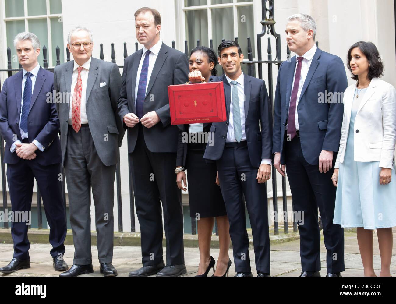 London,UK,11th March 2020,Members of the Treasury pose for photos before The Chancellor of the Exchequer, The Rt Hon Rishi Sunak MP leaves Downing Street for the Houses of Parliament to deliver his Budget speech to the commons. It will be his first Budget speech as he has only been in office for just under a month.Credit: Keith Larby/Alamy Live News Stock Photo