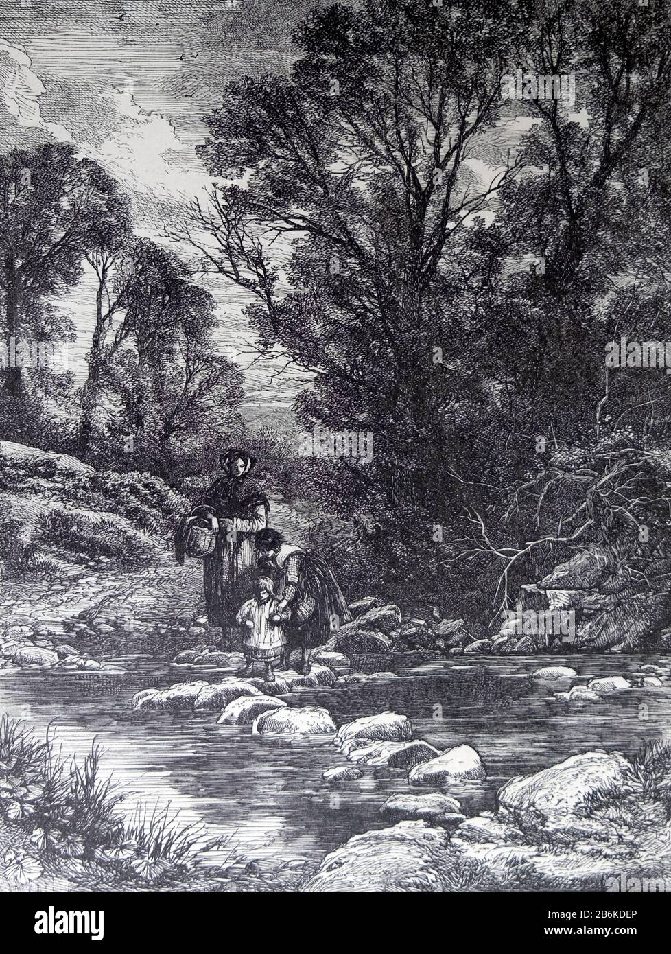 Myles Birket Foster engraving 'The Stepping Stones' Stock Photo