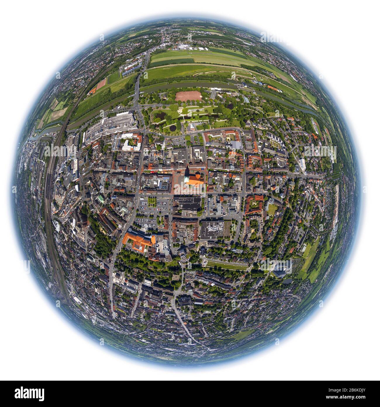 city centre of Hamm at chanel Dattel-Hamm-Kanal, aerial view, 19.05.2014, Germany, North Rhine-Westphalia, Ruhr Area, Hamm Stock Photo