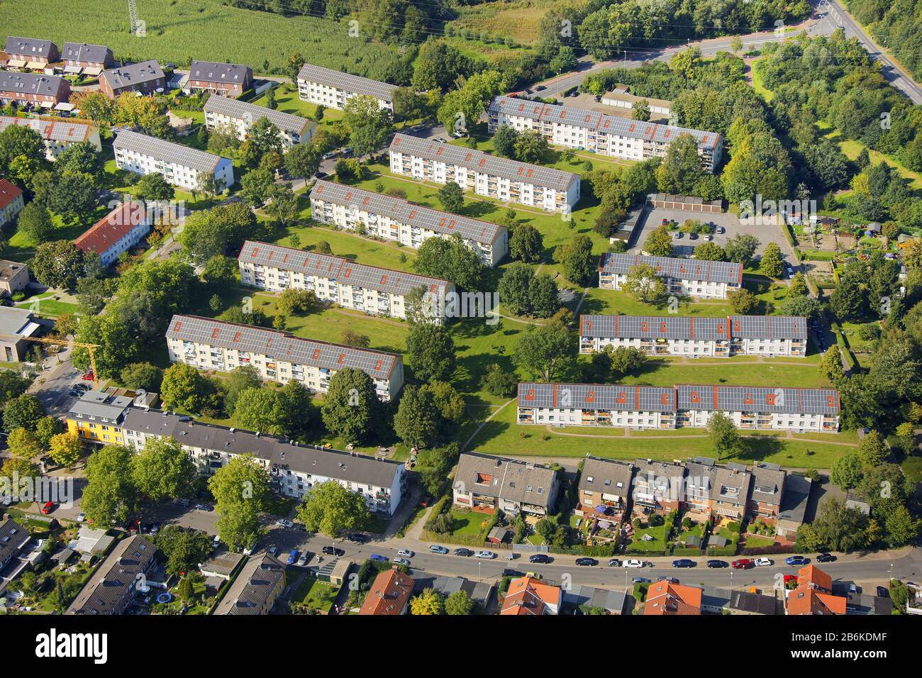 houses with solar roofs in Gelsenkirchen Schaffrath in Gelsenkirchen-Beckhausen, aerial view, 03.09.2011, Germany, North Rhine-Westphalia, Ruhr Area, Gelsenkirchen Stock Photo